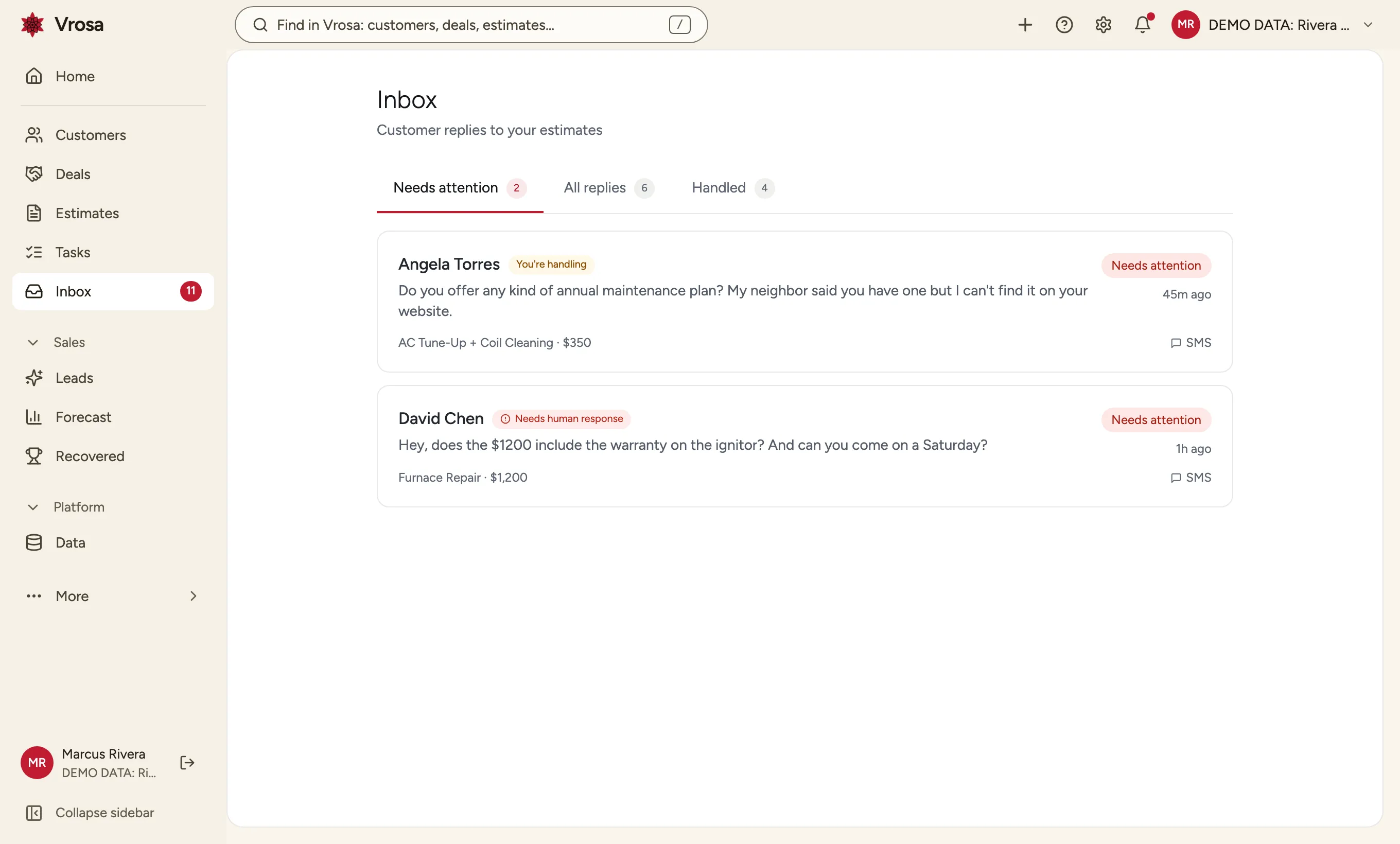 The Vrosa inbox with two customer replies flagged as needing attention, with example data