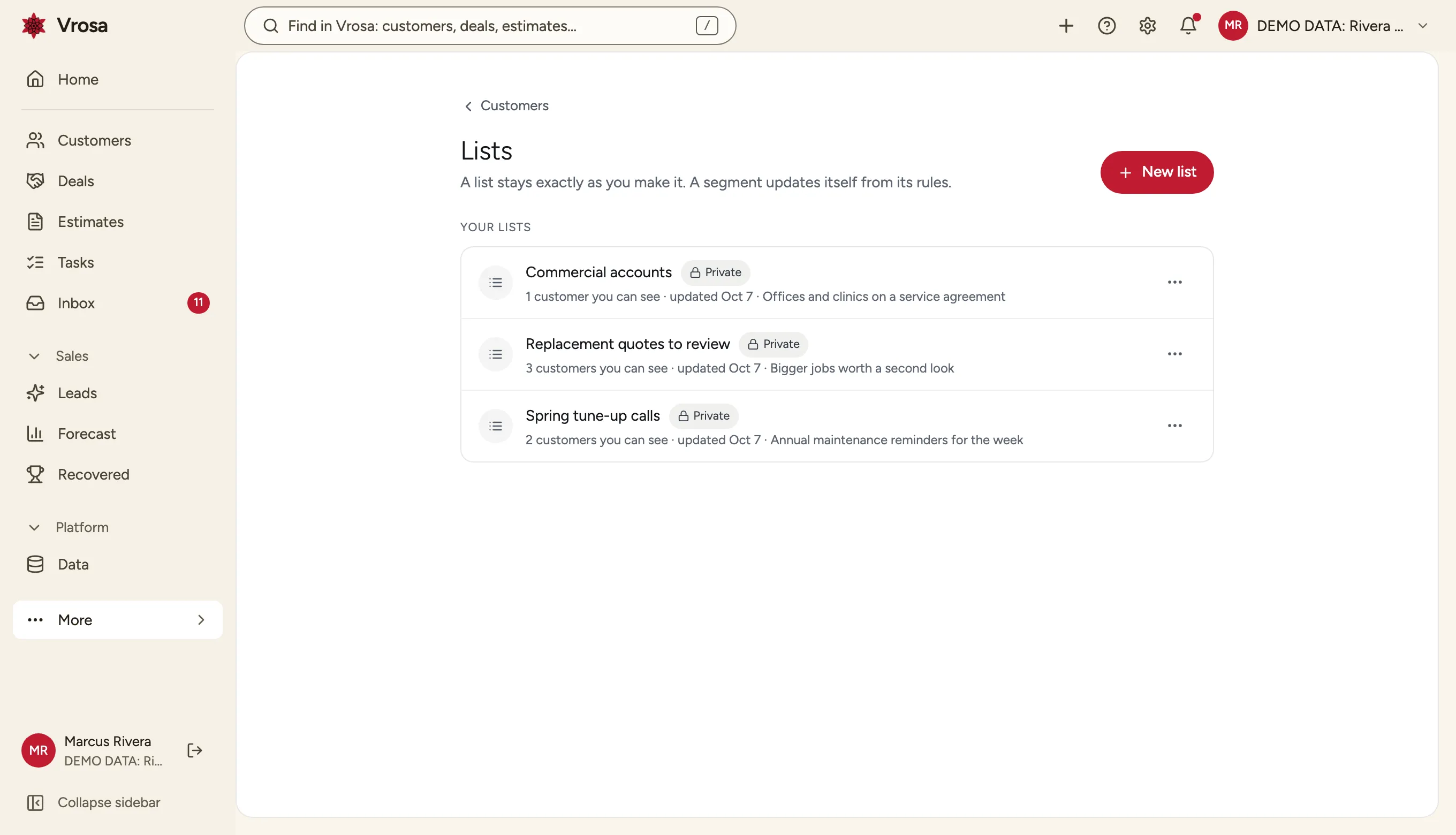 A Vrosa list with example data