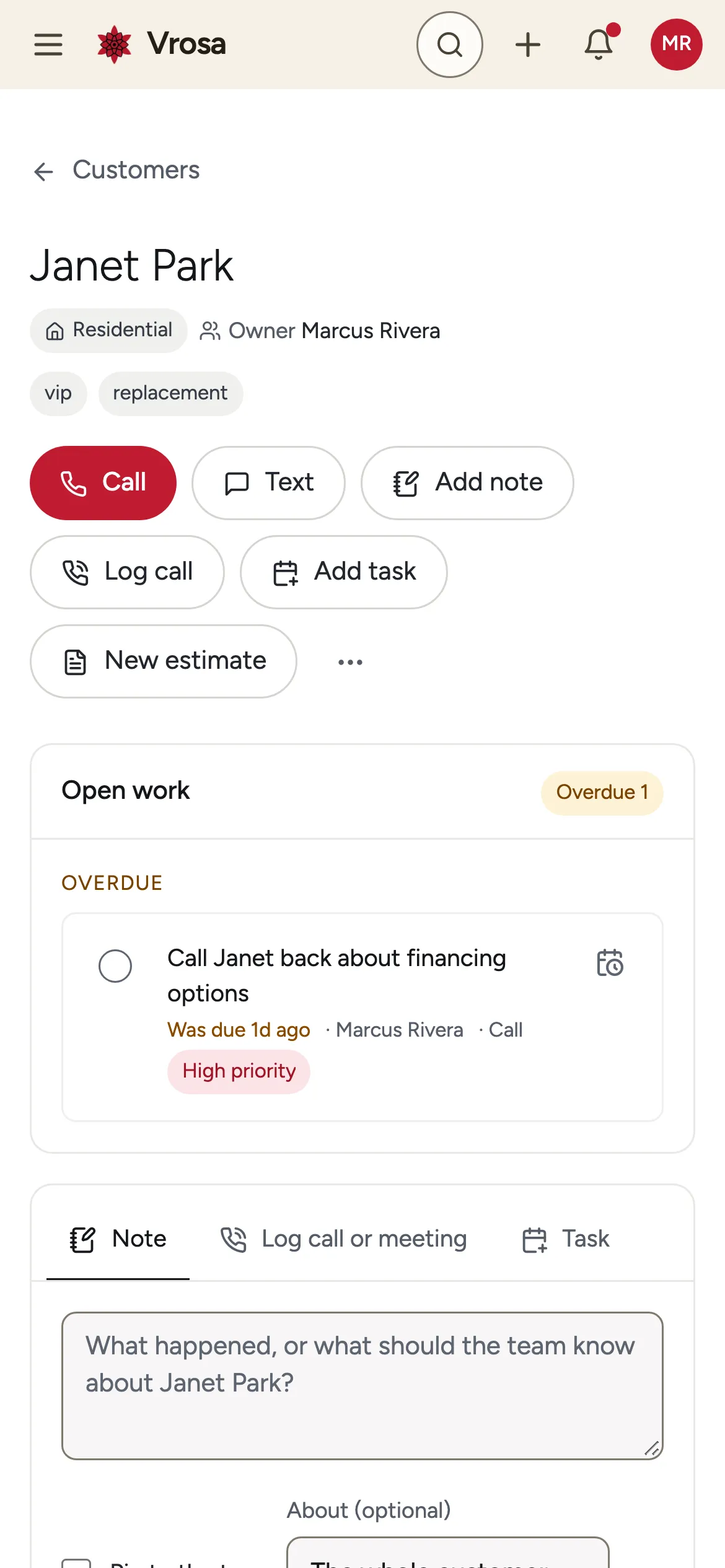 A Vrosa customer record on a phone, with example data