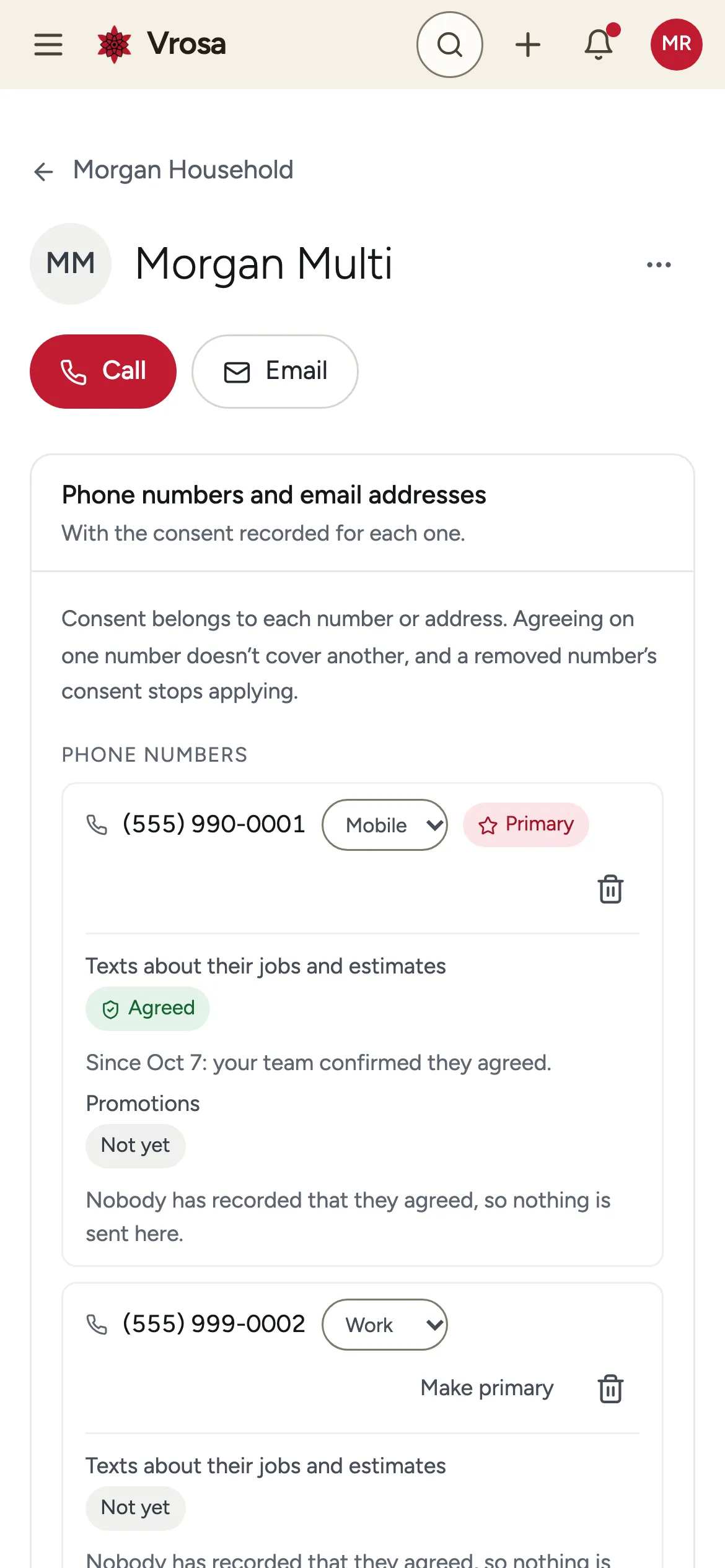 The same person on a phone, with example data
