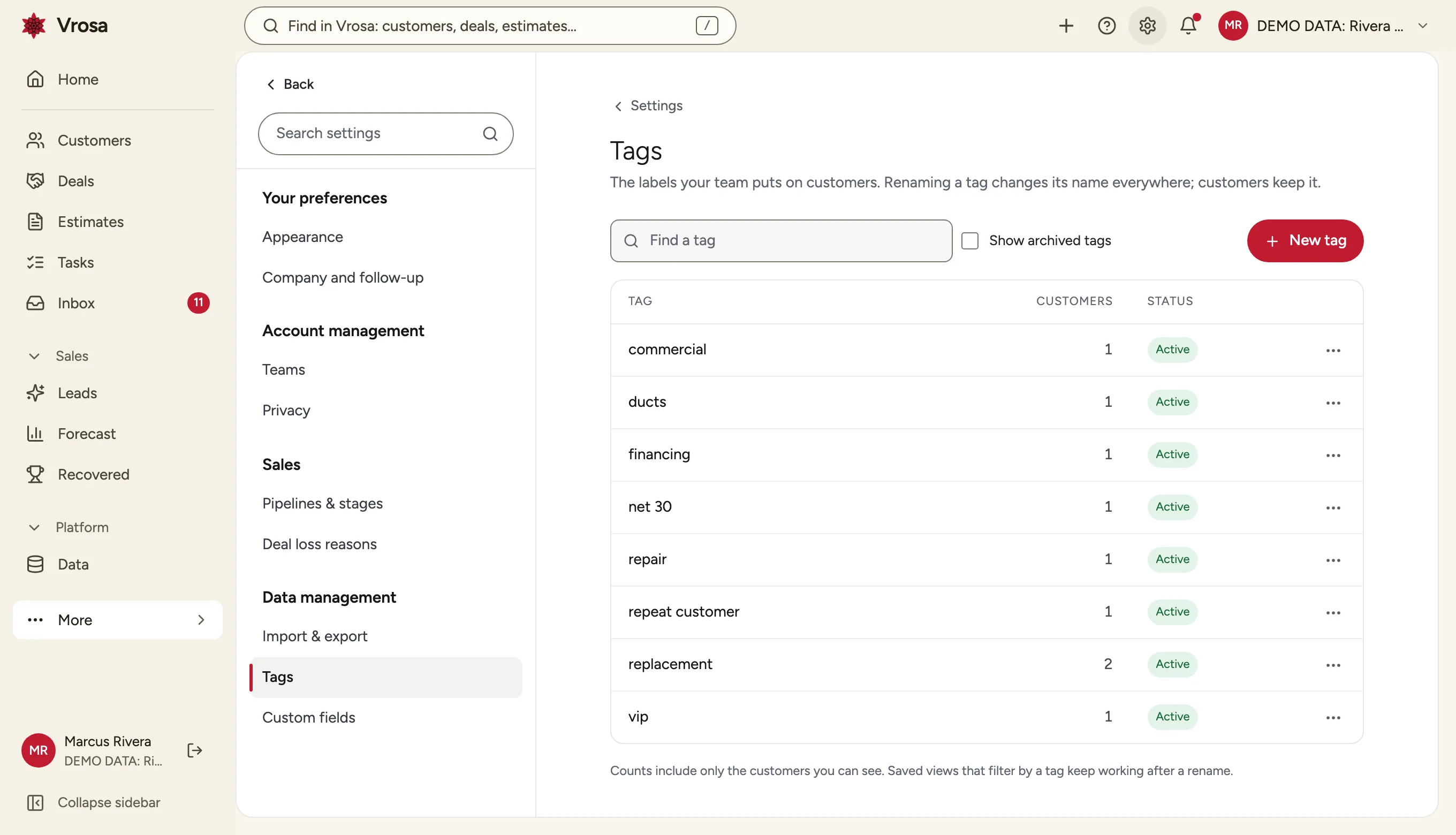 The Vrosa tag catalog