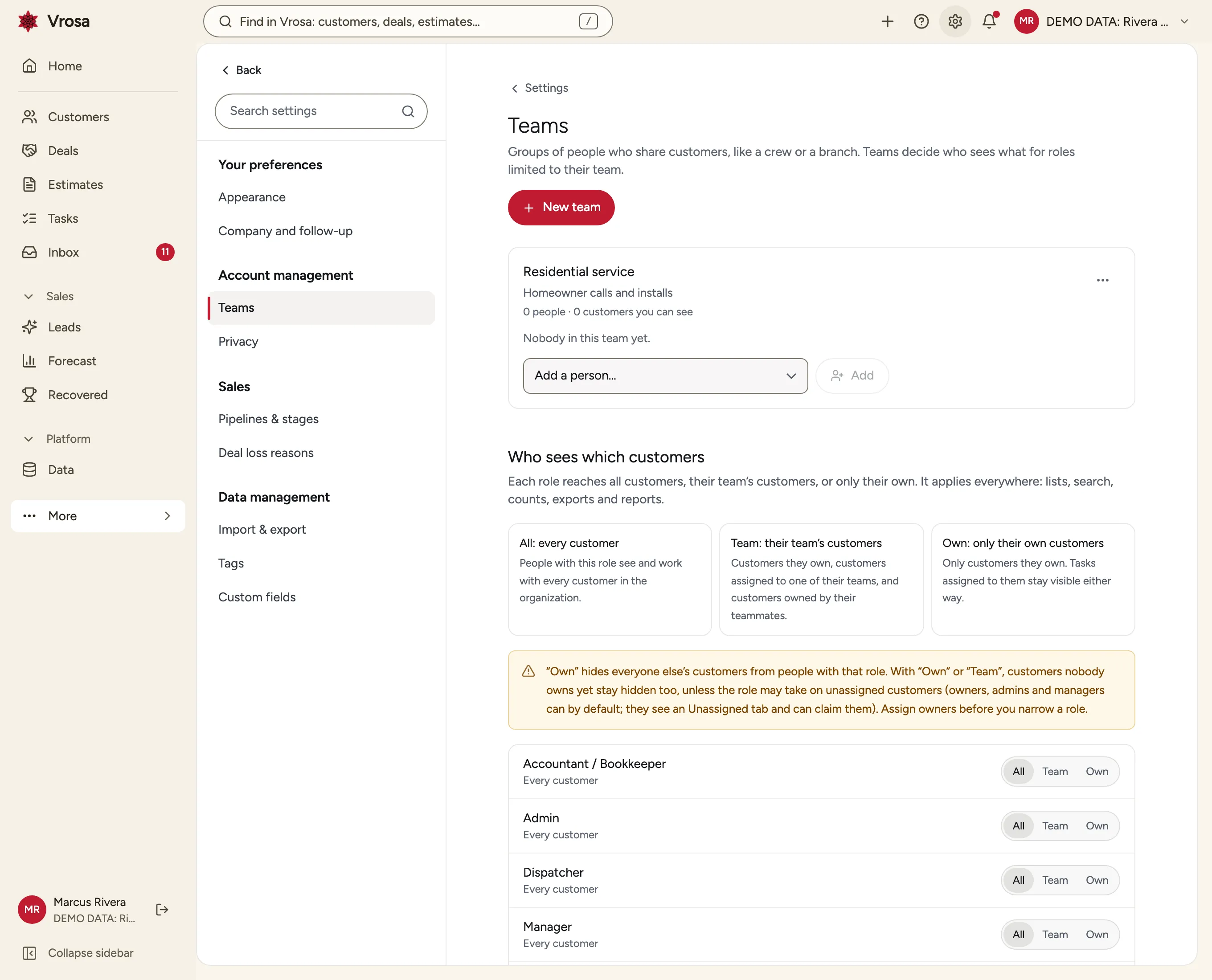 Vrosa record access settings